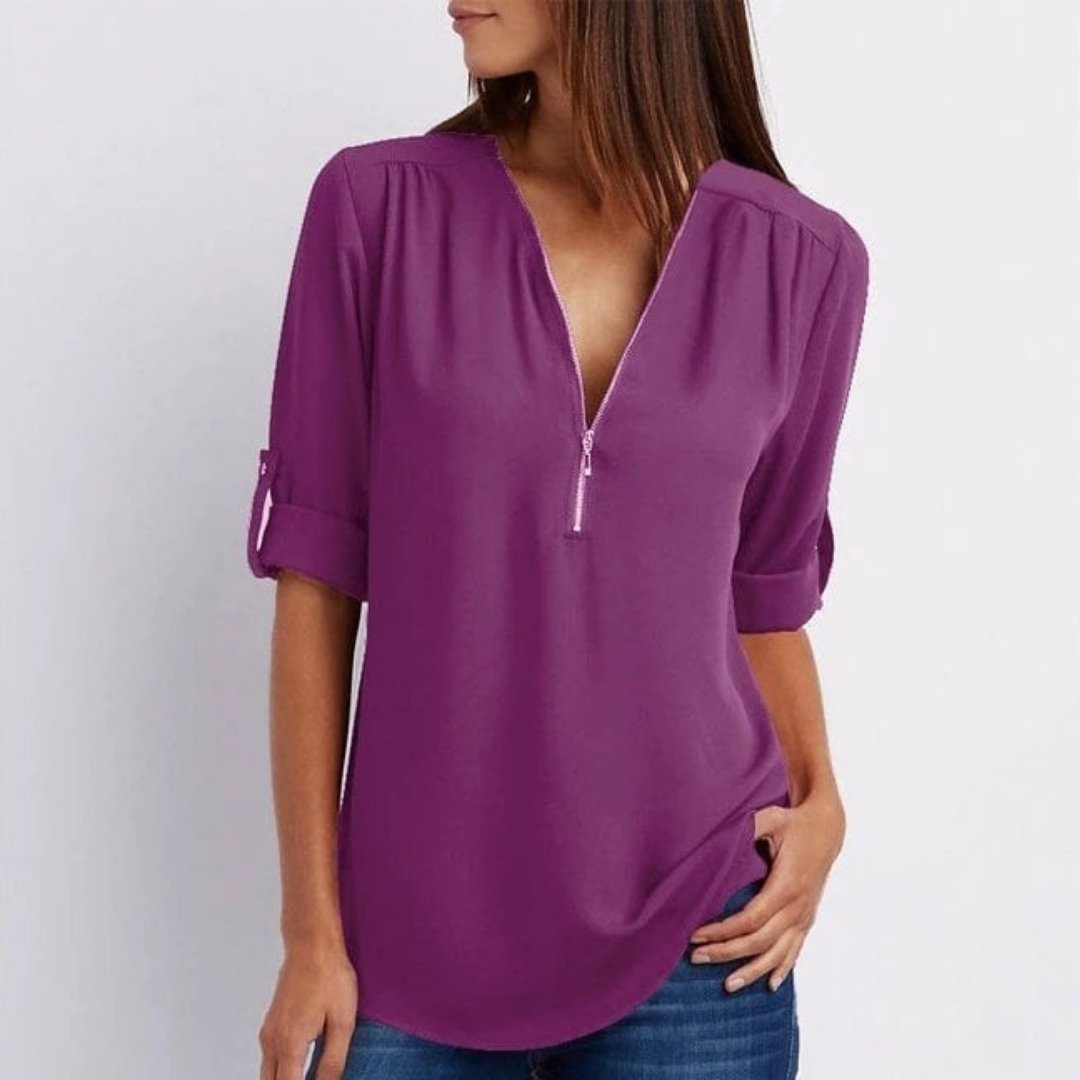 Emily | Women's Lightweight Zip-Front V-Neck Roll-Sleeve Blouse