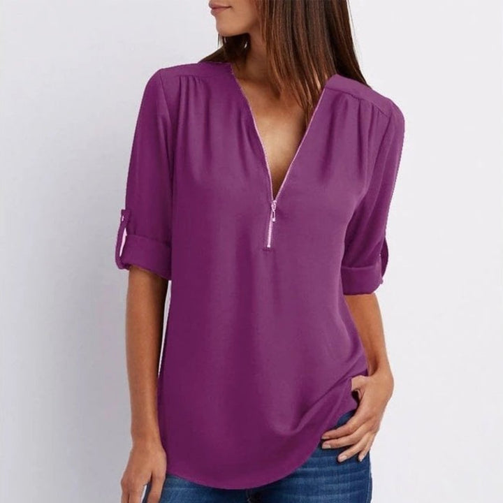 Emily | Women's Lightweight Zip-Front V-Neck Roll-Sleeve Blouse