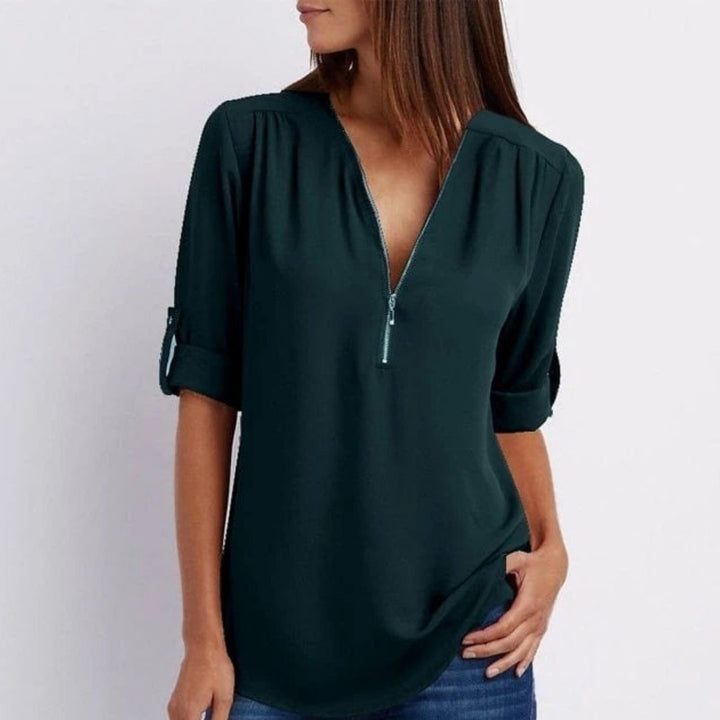 Emily | Women's Lightweight Zip-Front V-Neck Roll-Sleeve Blouse