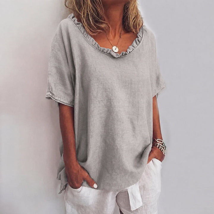 Freya | Women's Loose-Fit Frill-Neck Short-Sleeve Linen Blouse