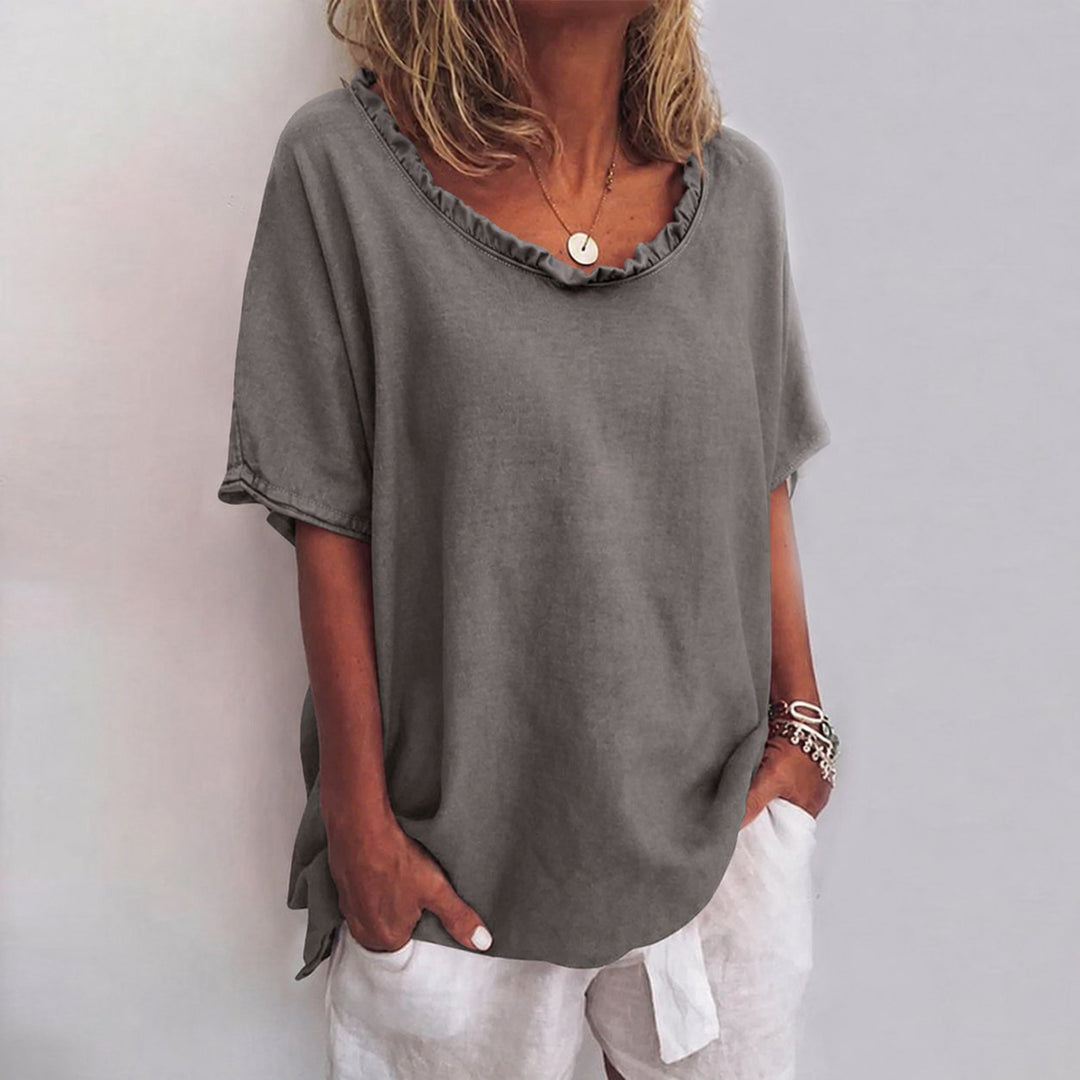 Freya | Women's Loose-Fit Frill-Neck Short-Sleeve Linen Blouse