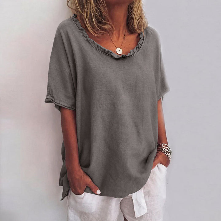 Freya | Women's Loose-Fit Frill-Neck Short-Sleeve Linen Blouse