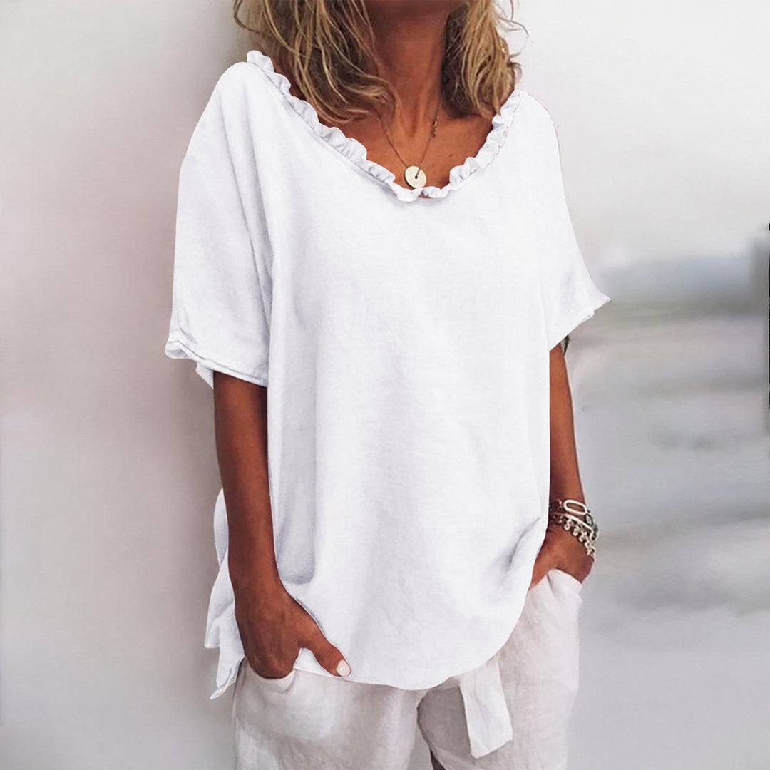 Freya | Women's Loose-Fit Frill-Neck Short-Sleeve Linen Blouse