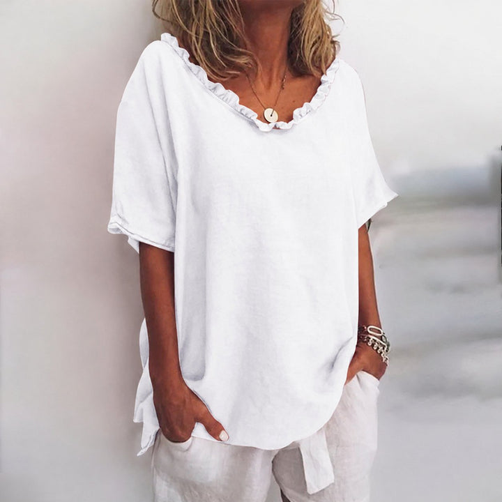 Freya | Women's Loose-Fit Frill-Neck Short-Sleeve Linen Blouse