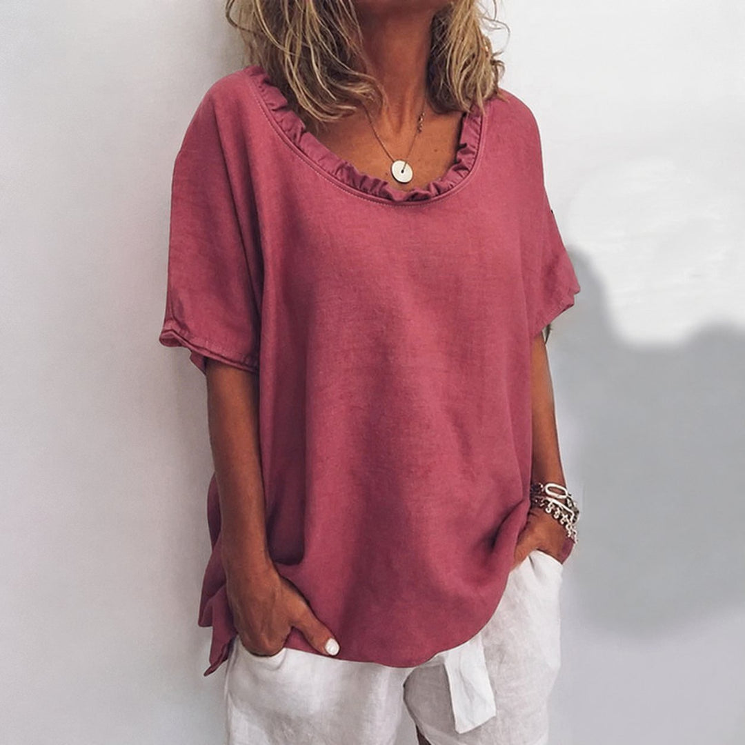Freya | Women's Loose-Fit Frill-Neck Short-Sleeve Linen Blouse