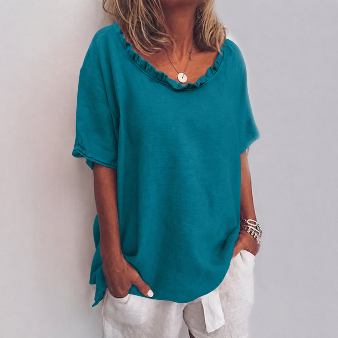 Freya | Women's Loose-Fit Frill-Neck Short-Sleeve Linen Blouse