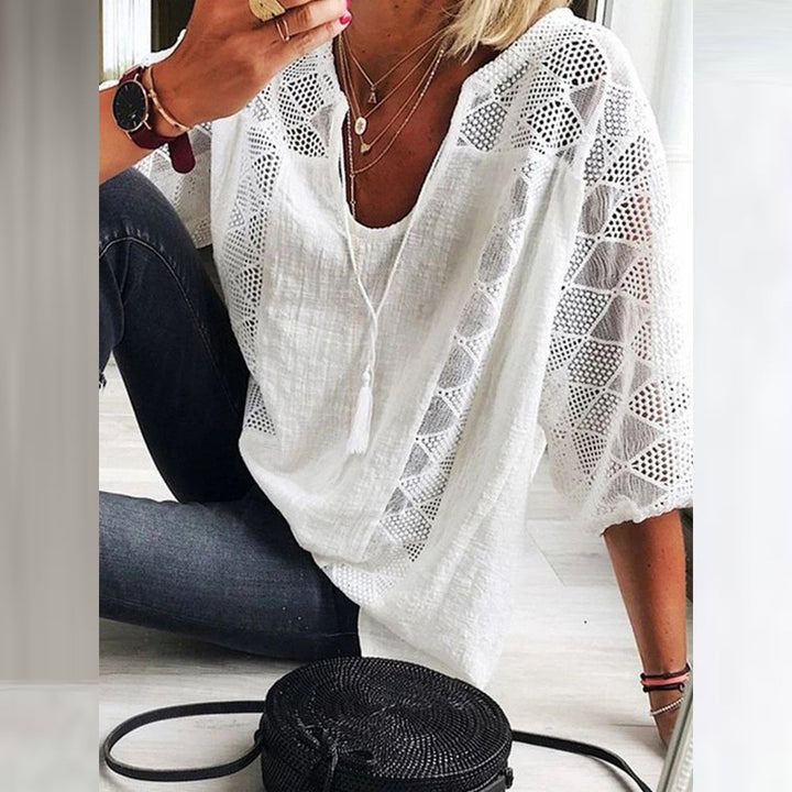 Ella | Women's Loose-Fit Three-Quarter Sleeve Crochet Panel Boho Blouse