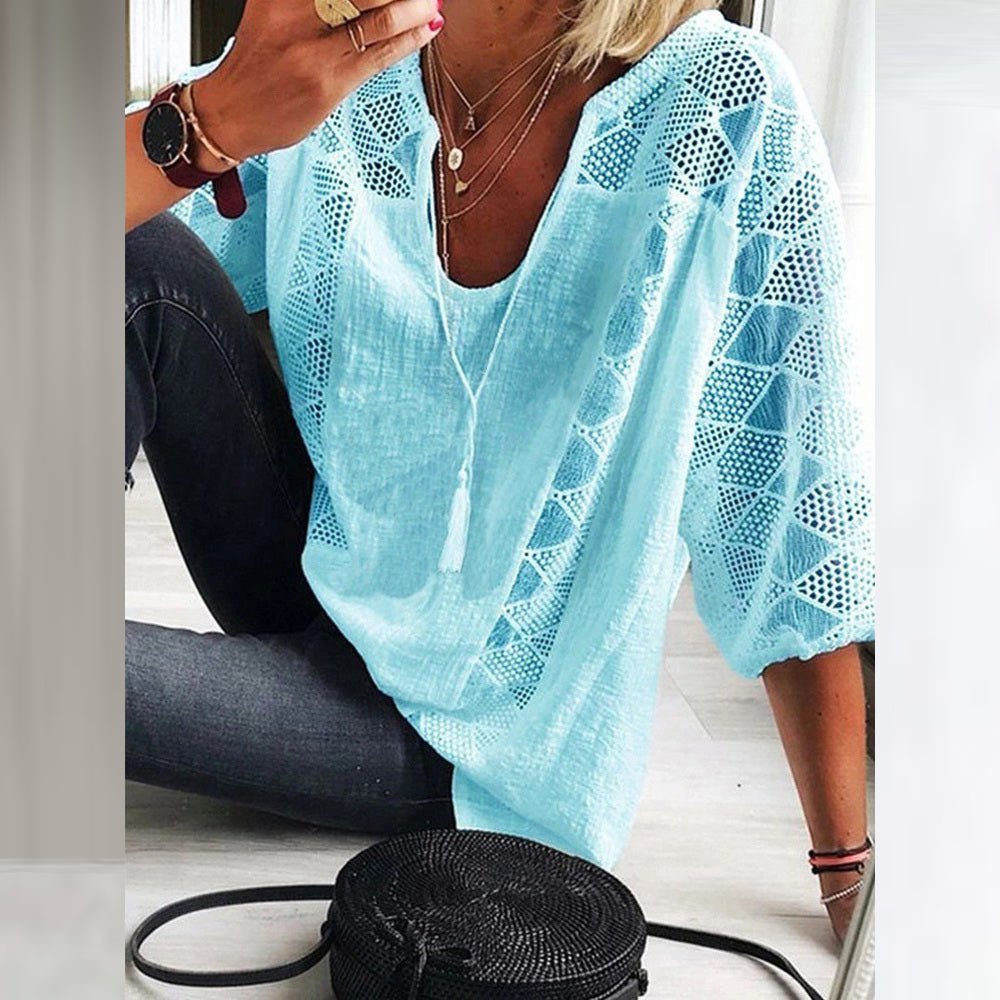 Ella | Women's Loose-Fit Three-Quarter Sleeve Crochet Panel Boho Blouse