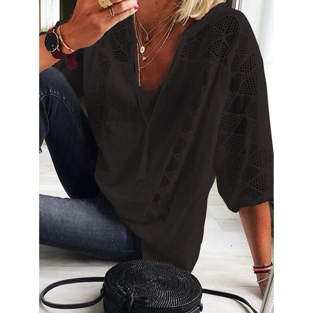 Ella | Women's Loose-Fit Three-Quarter Sleeve Crochet Panel Boho Blouse