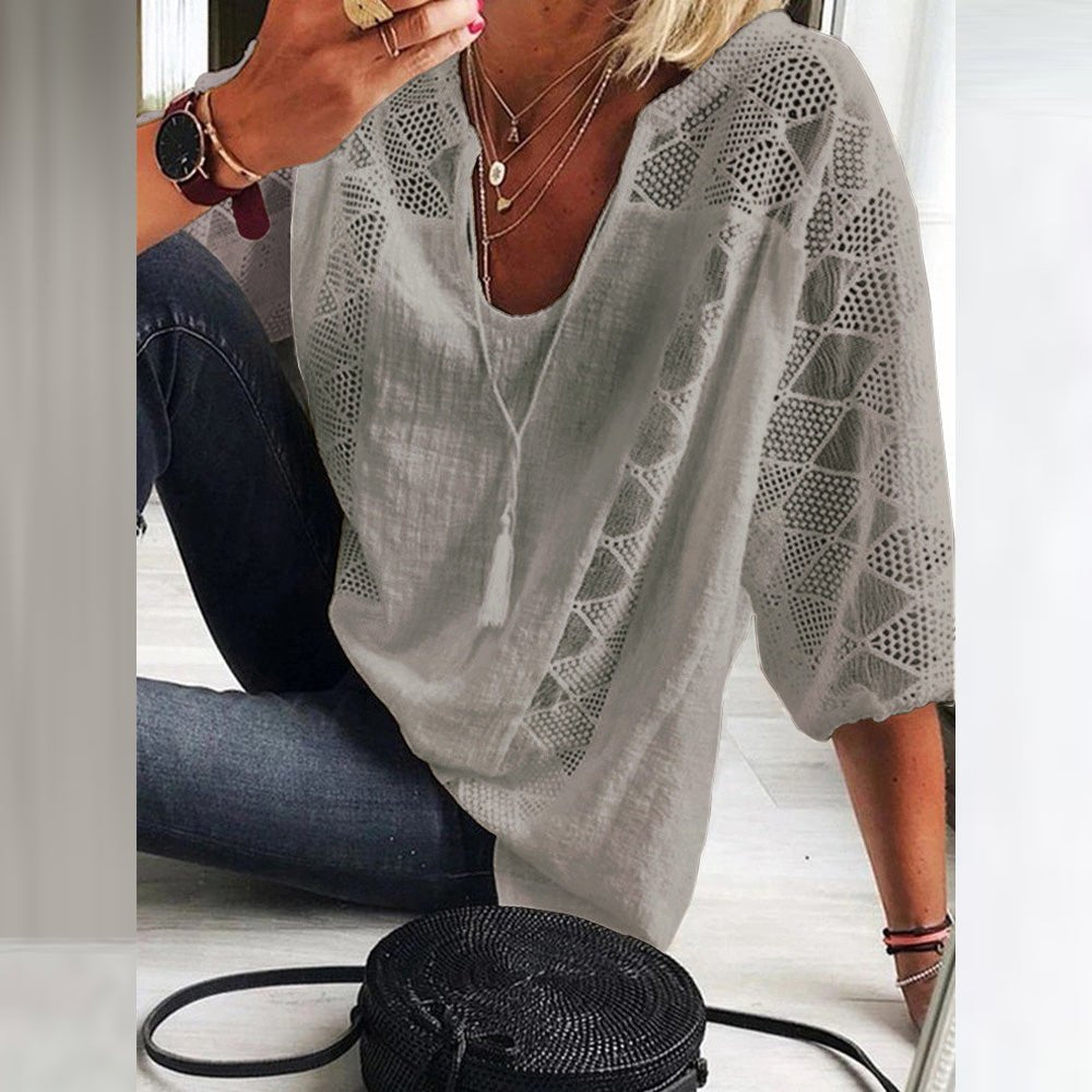 Ella | Women's Loose-Fit Three-Quarter Sleeve Crochet Panel Boho Blouse