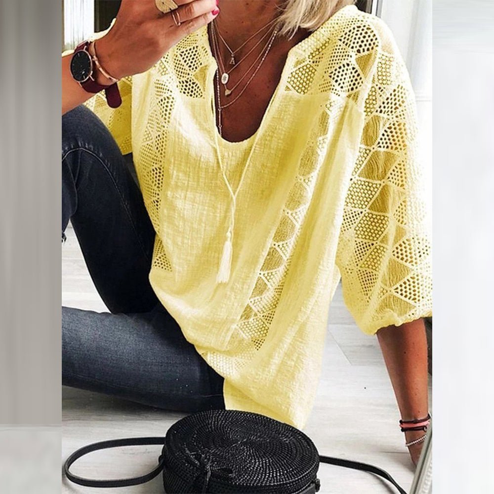 Ella | Women's Loose-Fit Three-Quarter Sleeve Crochet Panel Boho Blouse