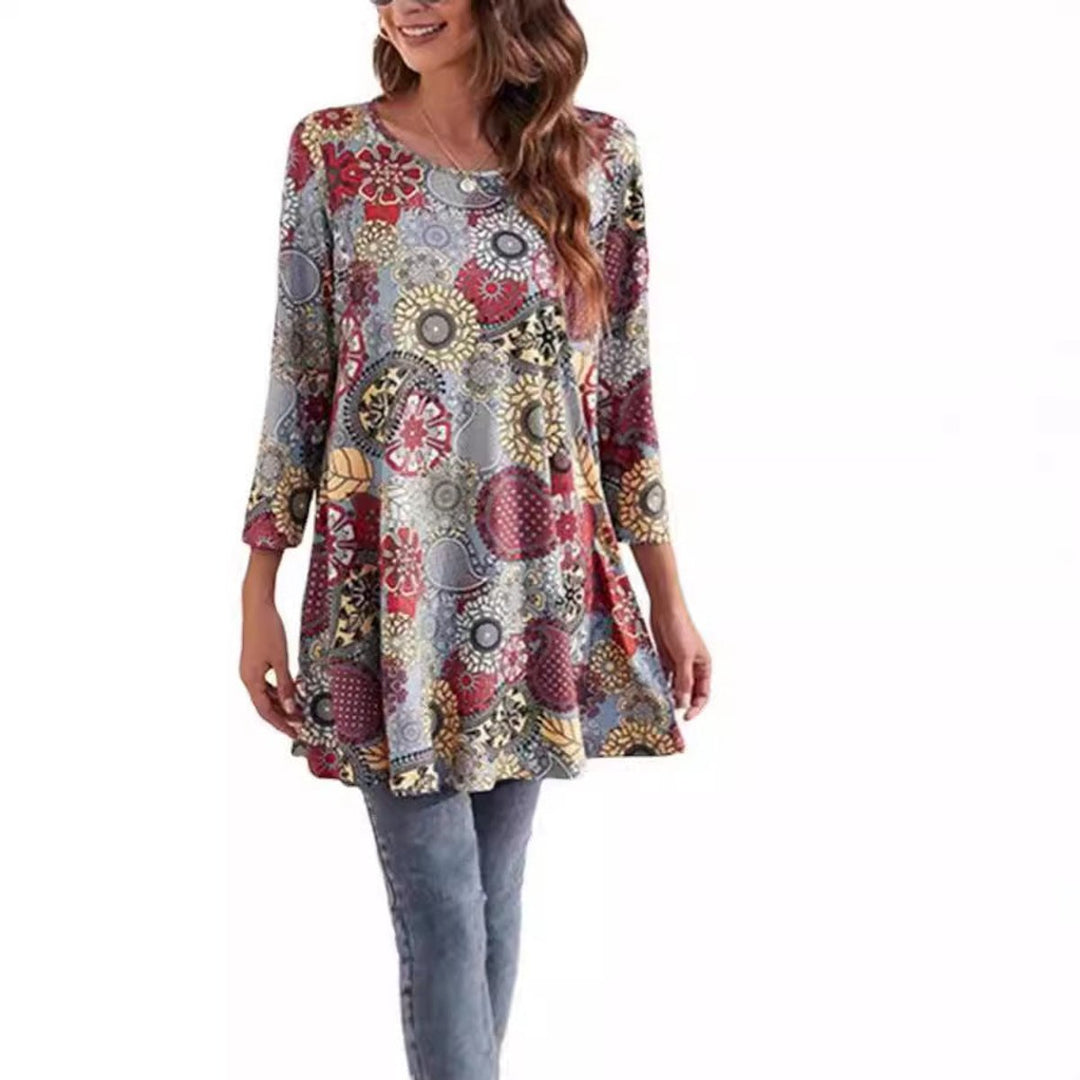 Evelyn | Women's Mandala Print 3/4 Sleeve Swing Tunic Top