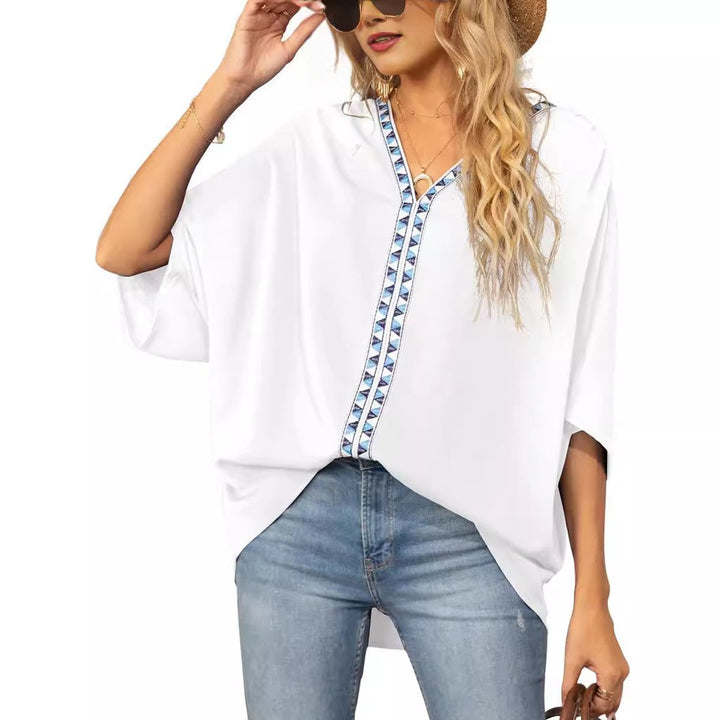 Aria | Women's Oversized V-Neck Geometric Trim Relaxed Tunic Top