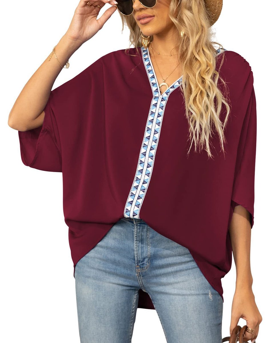 Aria | Women's Oversized V-Neck Geometric Trim Relaxed Tunic Top
