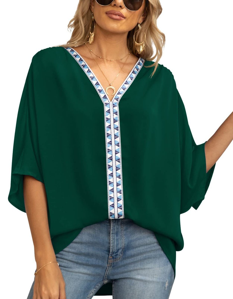Aria | Women's Oversized V-Neck Geometric Trim Relaxed Tunic Top