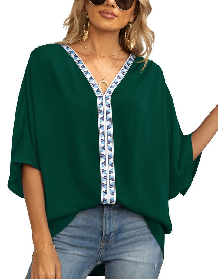 Aria | Women's Oversized V-Neck Geometric Trim Relaxed Tunic Top