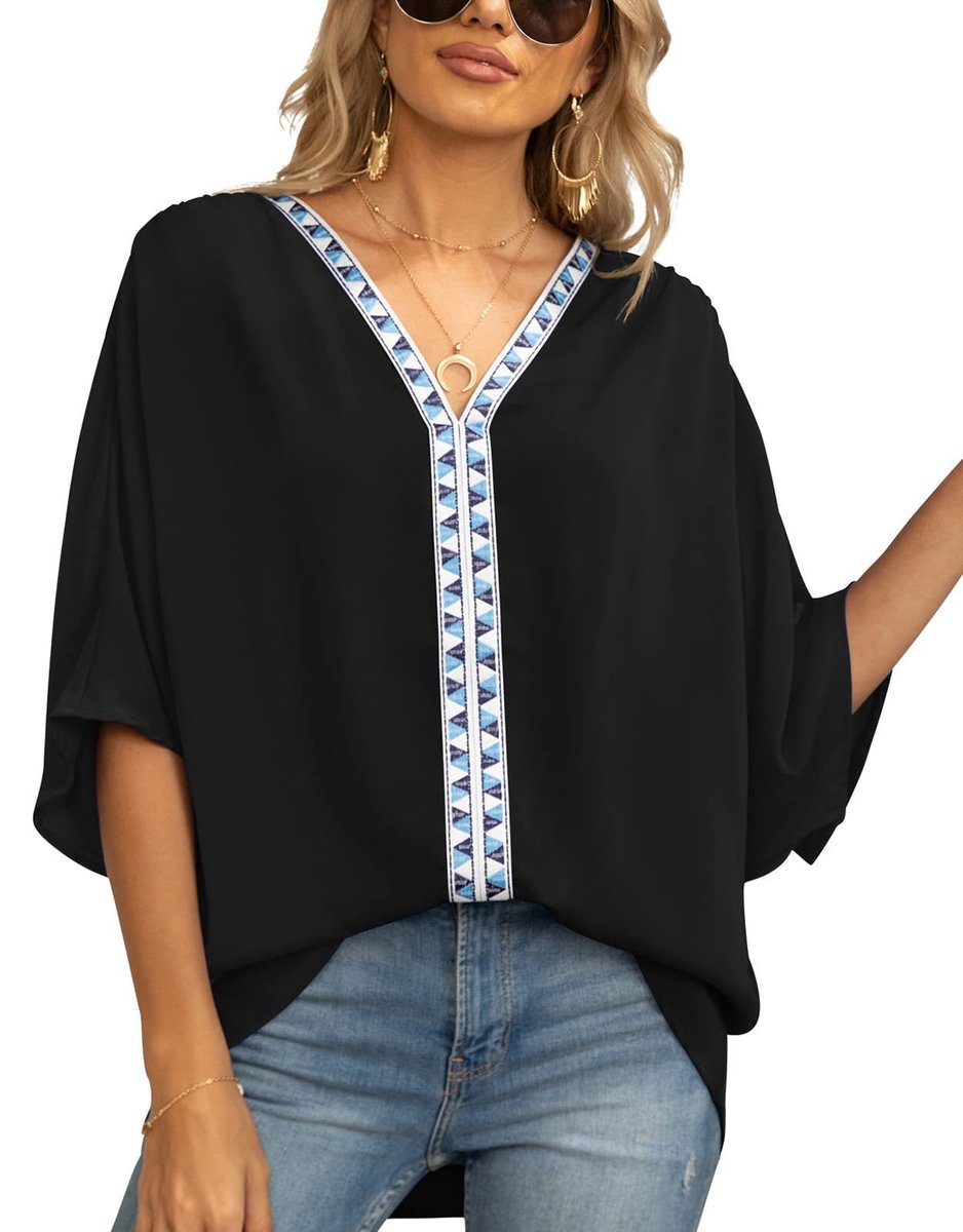Aria | Women's Oversized V-Neck Geometric Trim Relaxed Tunic Top