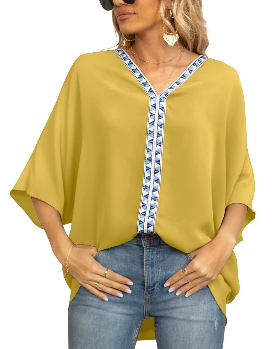 Aria | Women's Oversized V-Neck Geometric Trim Relaxed Tunic Top