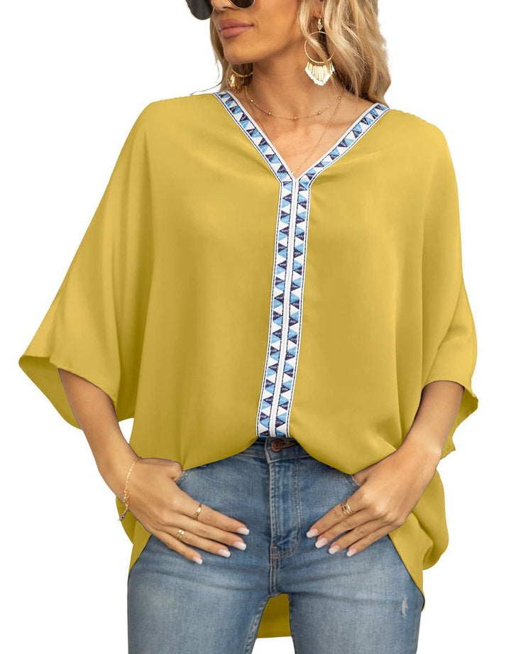 Aria | Women's Oversized V-Neck Geometric Trim Relaxed Tunic Top