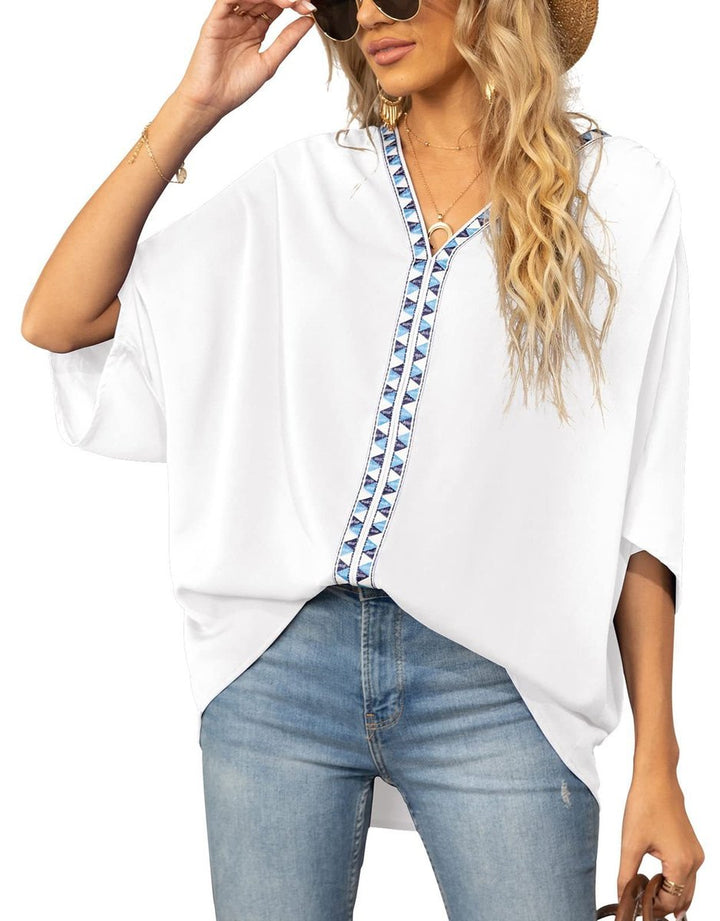 Aria | Women's Oversized V-Neck Geometric Trim Relaxed Tunic Top