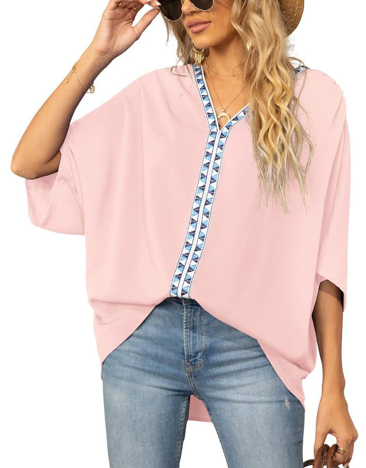 Aria | Women's Oversized V-Neck Geometric Trim Relaxed Tunic Top