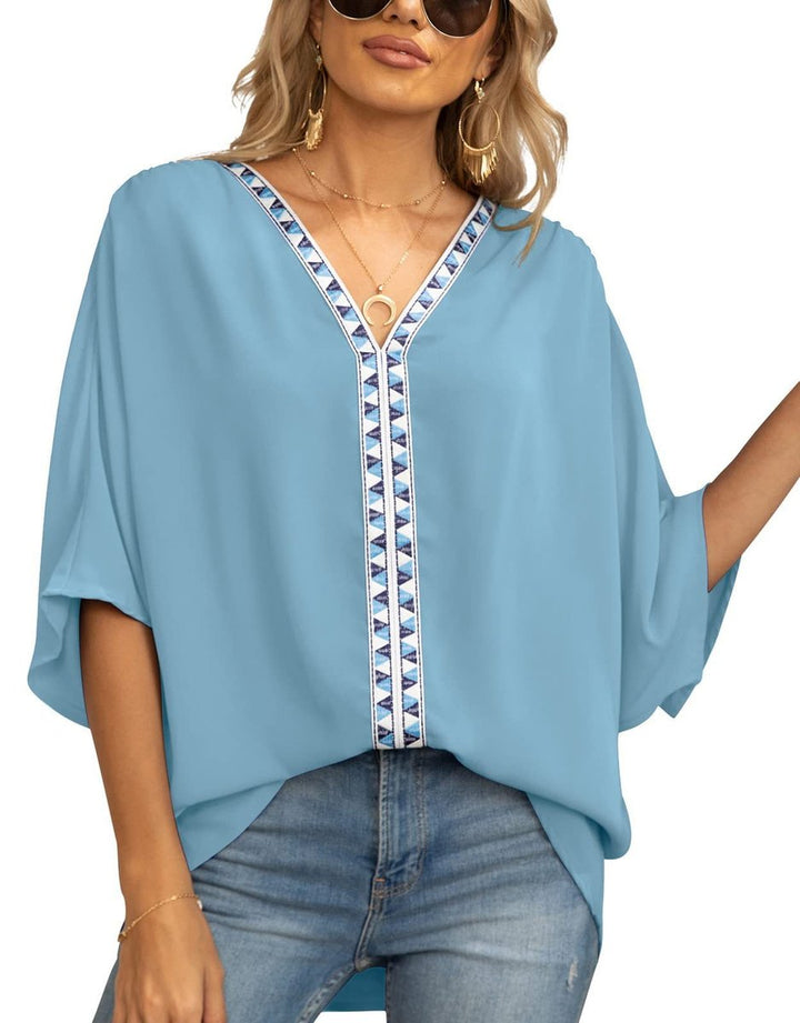 Aria | Women's Oversized V-Neck Geometric Trim Relaxed Tunic Top