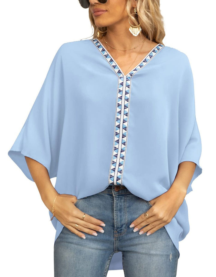 Aria | Women's Oversized V-Neck Geometric Trim Relaxed Tunic Top