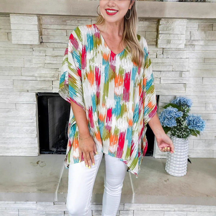 Sophie | Women's Oversized V-Neck Multicolour Print Relaxed Tunic Top