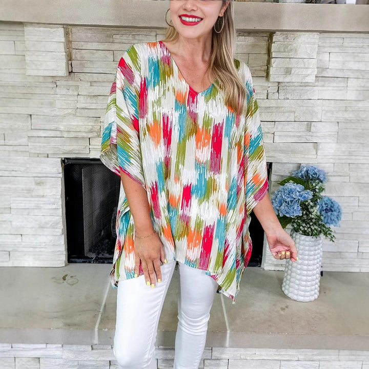 Sophie | Women's Oversized V-Neck Multicolour Print Relaxed Tunic Top