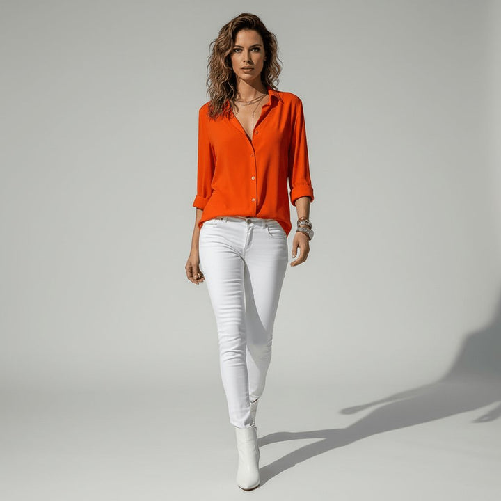 Ava | Women's Relaxed-Fit Button-Up Long-Sleeve Shirt-Collar Blouse