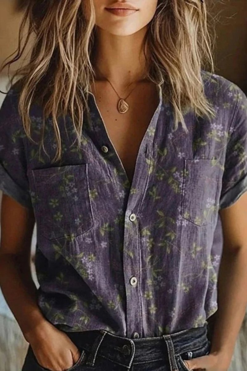 Ella | Women's Relaxed-Fit Floral Print Cotton Button-Down Blouse Short Sleeve