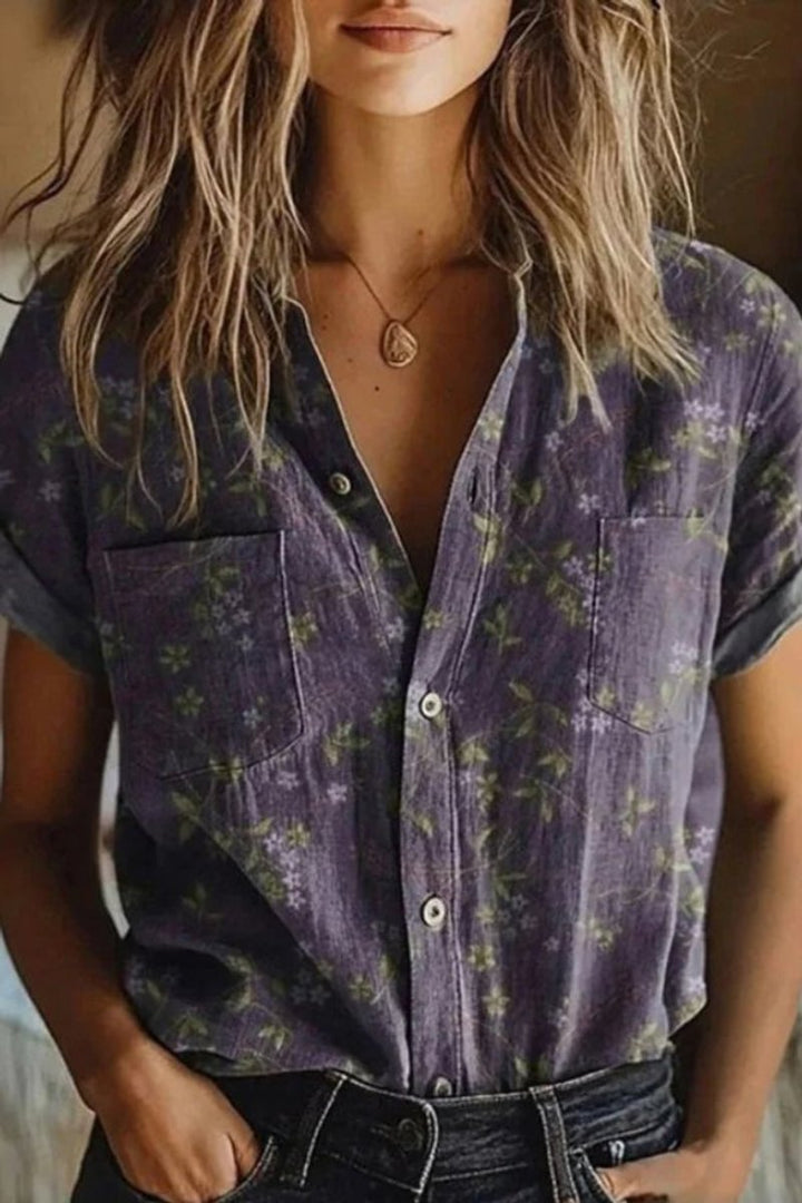 Ella | Women's Relaxed-Fit Floral Print Cotton Button-Down Blouse Short Sleeve