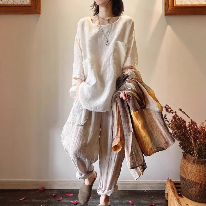 Lily | Women's Relaxed-Fit Linen Three-Quarter Sleeve Patch Pocket Tunic