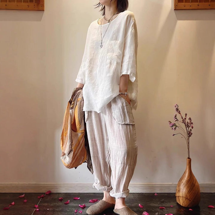 Lily | Women's Relaxed-Fit Linen Three-Quarter Sleeve Patch Pocket Tunic