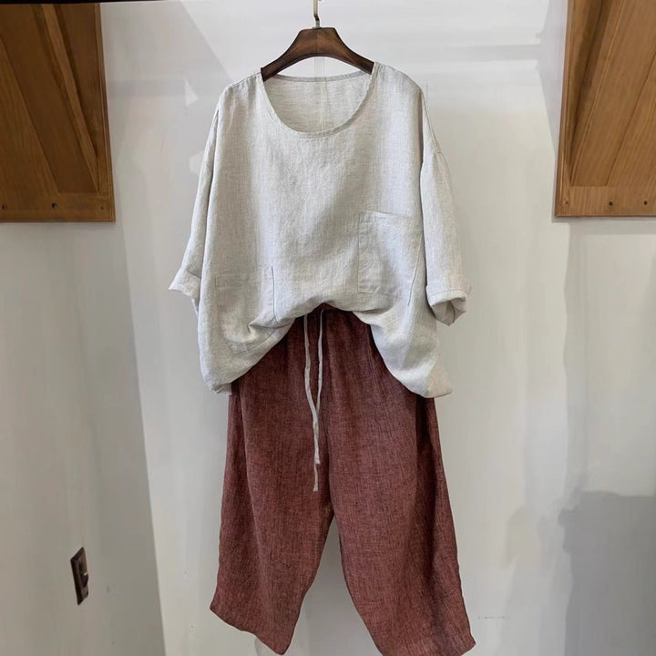 Lily | Women's Relaxed-Fit Linen Three-Quarter Sleeve Patch Pocket Tunic