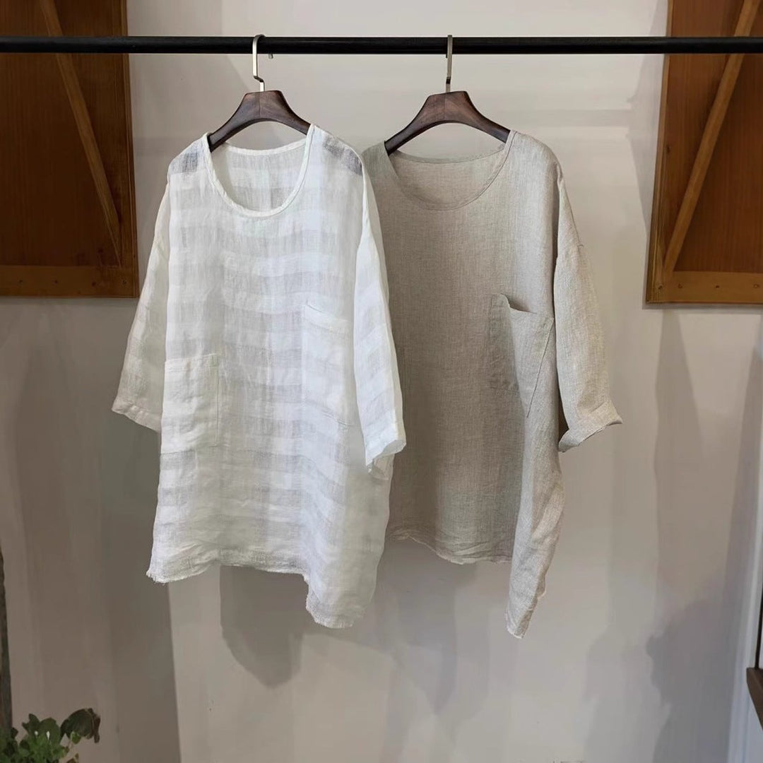 Lily | Women's Relaxed-Fit Linen Three-Quarter Sleeve Patch Pocket Tunic