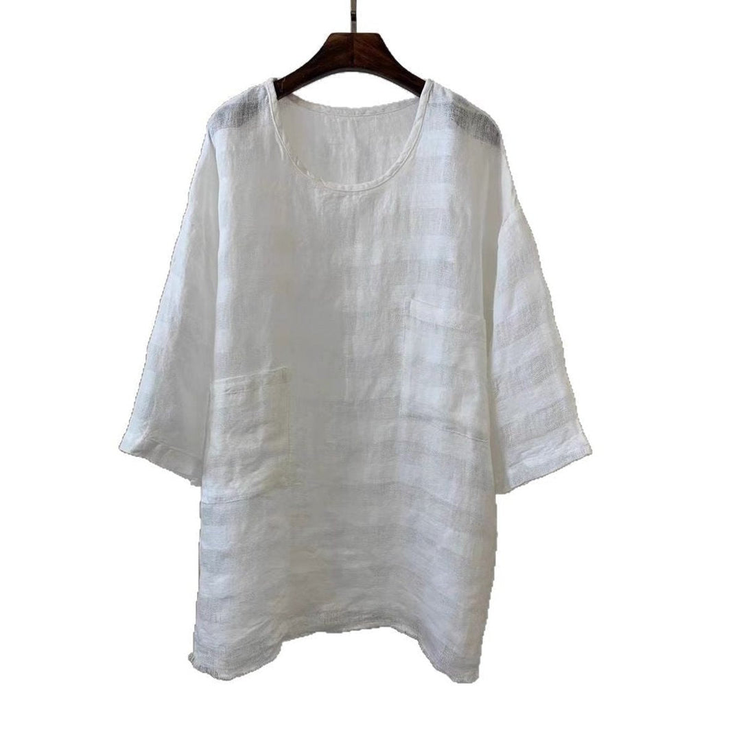 Lily | Women's Relaxed-Fit Linen Three-Quarter Sleeve Patch Pocket Tunic