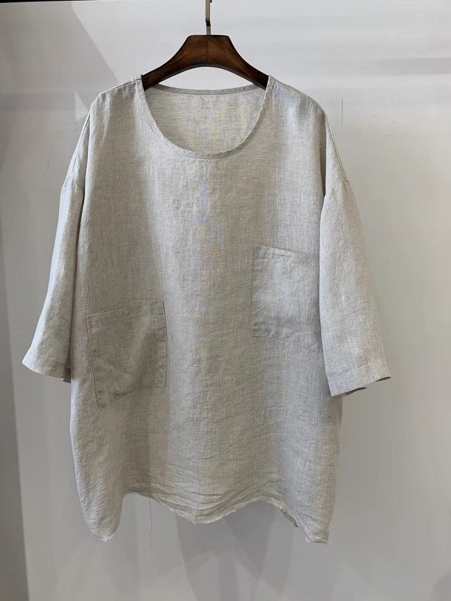Lily | Women's Relaxed-Fit Linen Three-Quarter Sleeve Patch Pocket Tunic