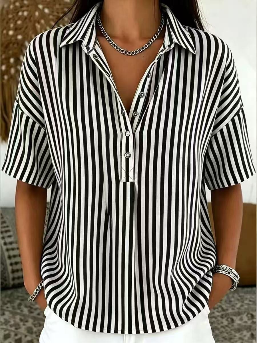 Mia | Women's Relaxed-Fit Striped Collared Short-Sleeve Blouse