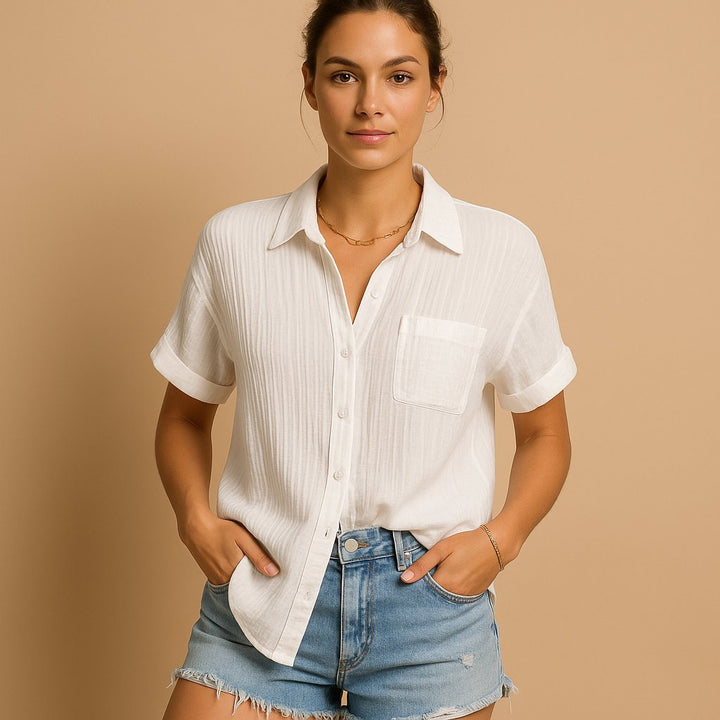 Isla | Women's Relaxed Short Sleeve Linen-Feel Cotton Gauze Shirt