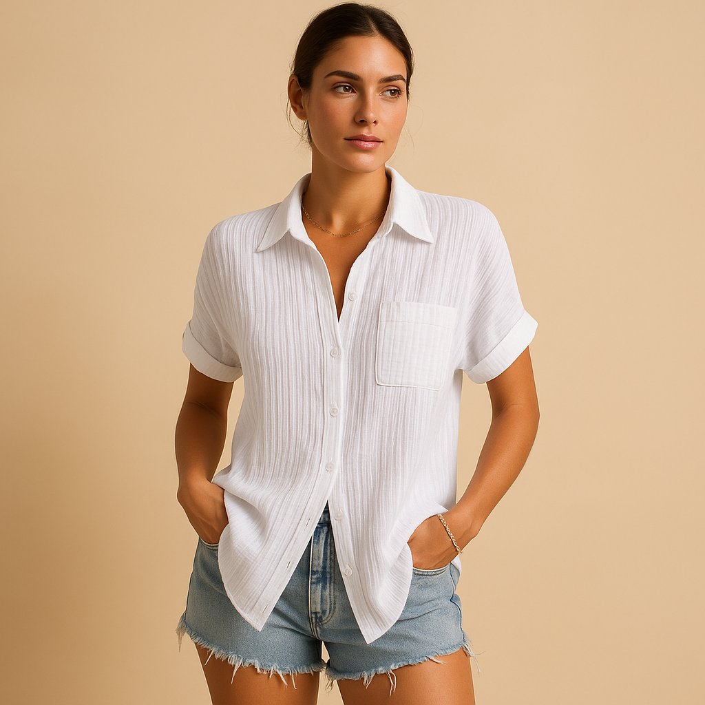 Isla | Women's Relaxed Short Sleeve Linen-Feel Cotton Gauze Shirt