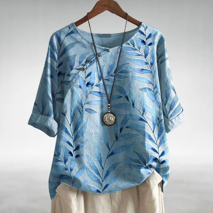 Phoebe | Women's Relaxed Watercolour Print Linen Top Short Sleeve