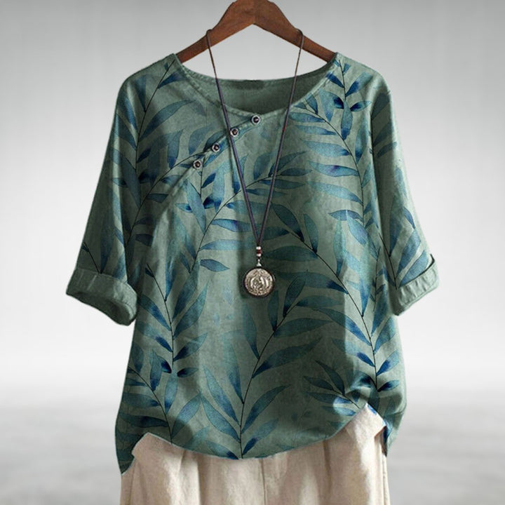 Phoebe | Women's Relaxed Watercolour Print Linen Top Short Sleeve