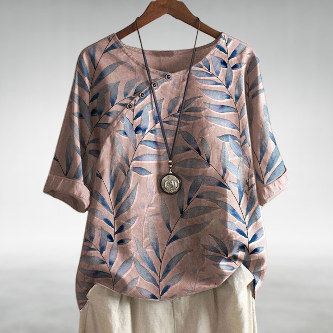 Phoebe | Women's Relaxed Watercolour Print Linen Top Short Sleeve
