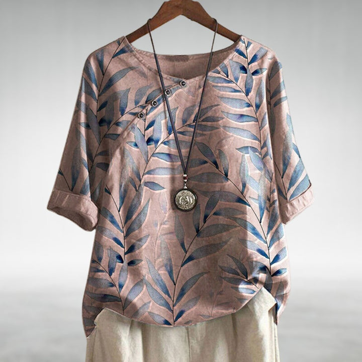 Phoebe | Women's Relaxed Watercolour Print Linen Top Short Sleeve