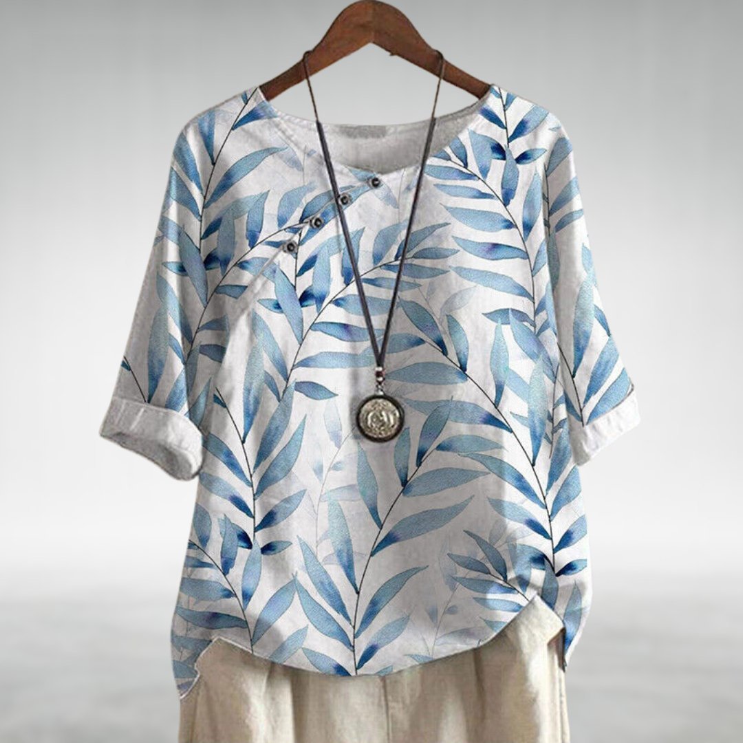 Phoebe | Women's Relaxed Watercolour Print Linen Top Short Sleeve