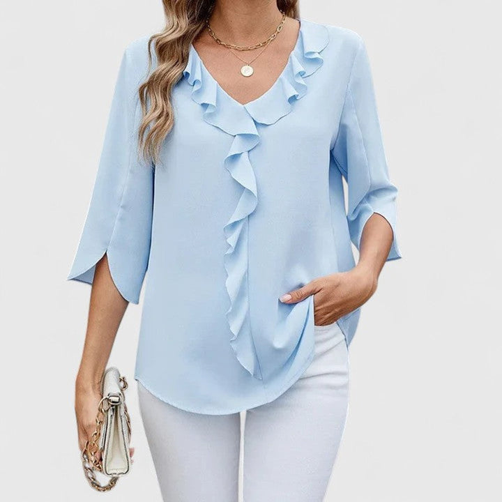 Amelia | Women's Ruffle V-Neck Three-Quarter Sleeve Chiffon Blouse