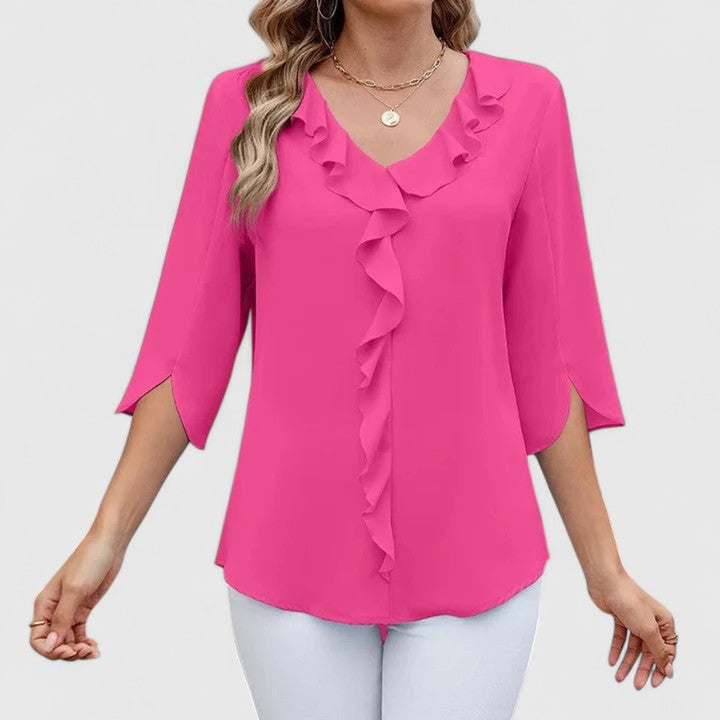 Amelia | Women's Ruffle V-Neck Three-Quarter Sleeve Chiffon Blouse