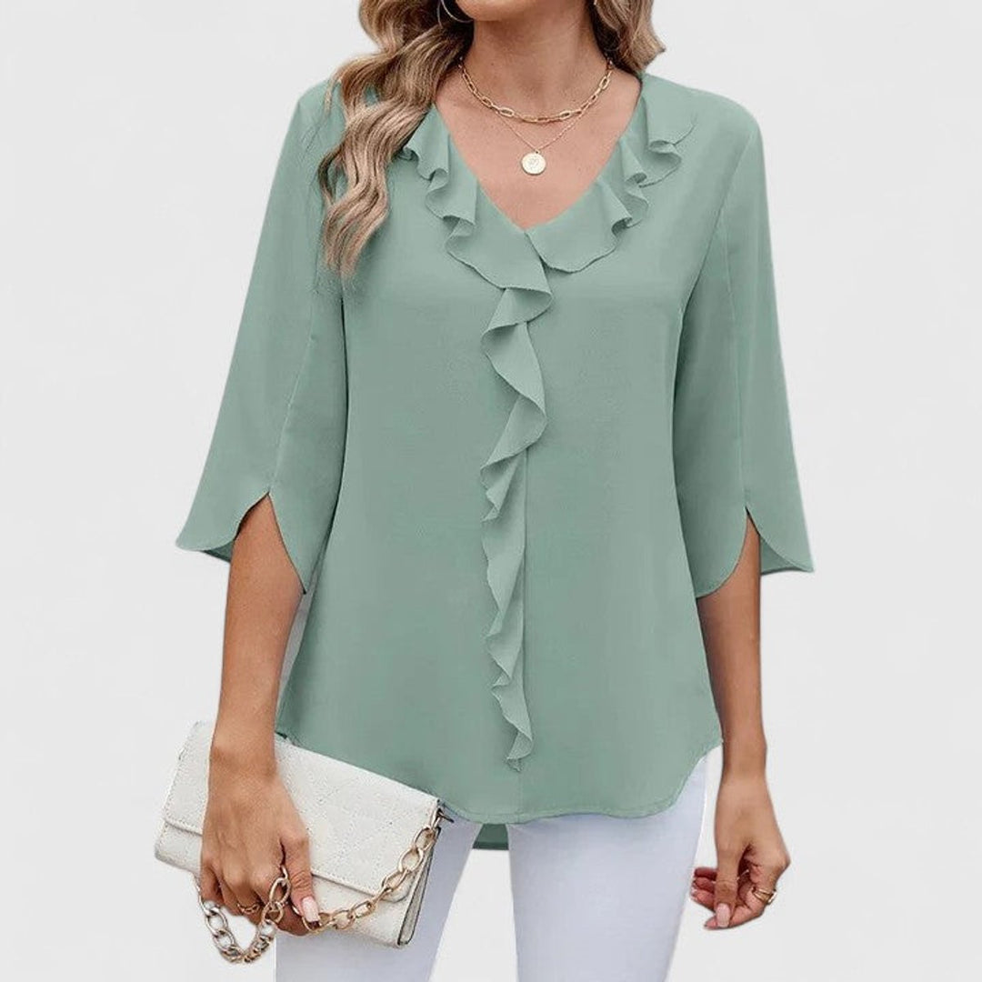 Amelia | Women's Ruffle V-Neck Three-Quarter Sleeve Chiffon Blouse