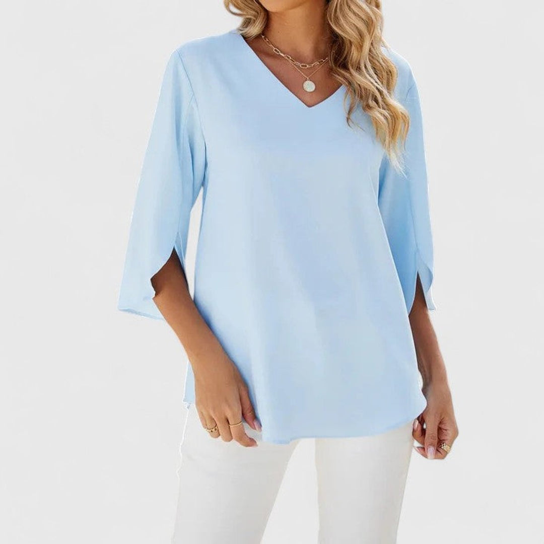 Amelia | Women's Ruffle V-Neck Three-Quarter Sleeve Chiffon Blouse